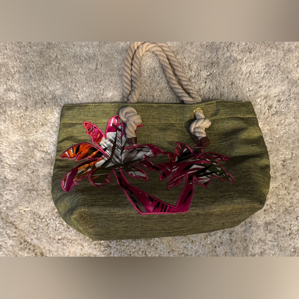 Stylish Olive Tote with Pink Leaf Accents
